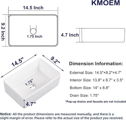 Vessel Sink 15"x9" Rectangular Bathroom Sink Modern White Porcelain Ceramic Above Counter Drop-in Vanity Sink for Bathrooms Art Basin