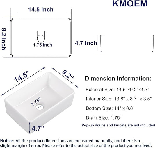 Vessel Sink 15"x9" Rectangular Bathroom Sink Modern White Porcelain Ceramic Above Counter Drop-in Vanity Sink for Bathrooms Art Basin