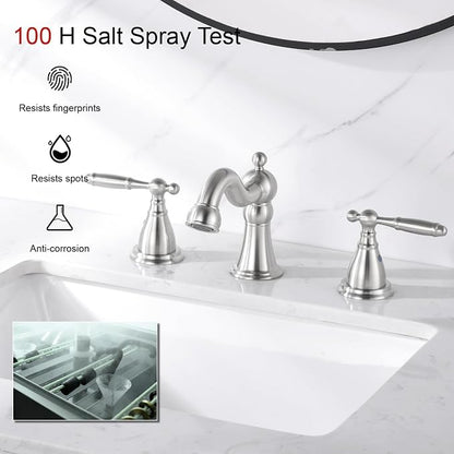 RKF Bathroom Faucets for Sink 3 Brushed Nickel 8 inch Widespread Bathroom Sink Faucet with Drain Double Lever Handle Faucet Bathroom Vanity Faucet Basin Mixer Tap WF013-BN