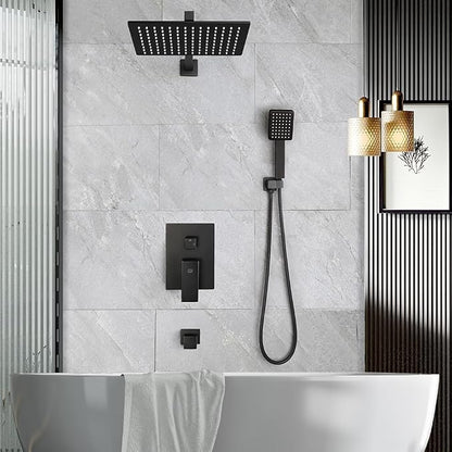 Matte Black Shower Tub Faucet Set Bathroom Rain Shower System with Tub Spout Wall Mounted Rainfall 12 Inch Shower Head and Handle Set Include Shower Valve and Trim Kit