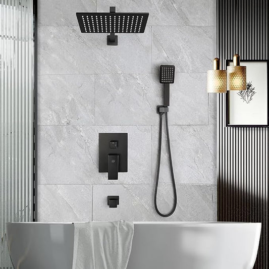 Matte Black Shower Tub Faucet Set Bathroom Rain Shower System with Tub Spout Wall Mounted Rainfall 12 Inch Shower Head and Handle Set Include Shower Valve and Trim Kit