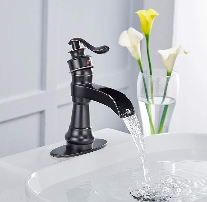 Single-Handle Bathroom Faucet Oil Rubbed Bronze Deck Mounted | Wide Waterfall Spout,Pop Up Drain and Supply Lines Included, Ideal forBathroom Sink 1-3 Hole, Fingerprint Repellent Coating