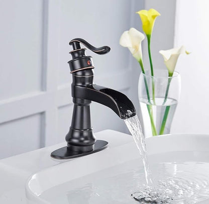 Single-Handle Bathroom Faucet Oil Rubbed Bronze Deck Mounted | Wide Waterfall Spout,Pop Up Drain and Supply Lines Included, Ideal forBathroom Sink 1-3 Hole, Fingerprint Repellent Coating
