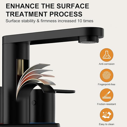 BWE Matte Black Bathroom Faucets 4 Inch Centerset Faucet for Bathroom Sink | 2 or 3 Hole Basin 2-Handle 360° Swivel Spout Bathroom Sink Faucet with Pop up Drain Water Supply Hose for Farmhouse Vanity RV