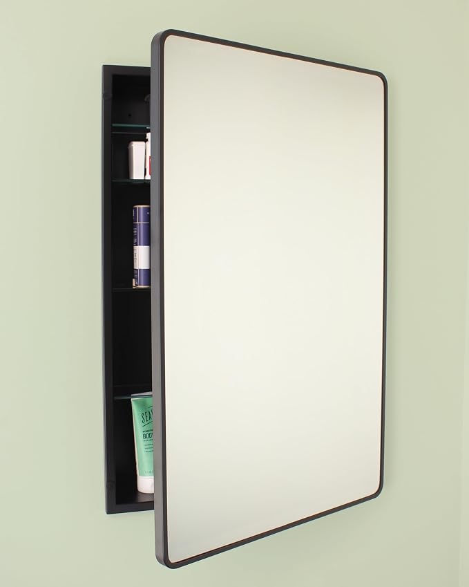 20x30 Austin Farmhouse Metal Framed Rounded Rectangle Recessed Bathroom Medicine Cabinet, Beveled Mirror, 18x28 in-Wall Opening, powder-coated Steel, Adjustable Glass Shelves, Magnet Close, Black