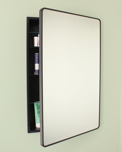20x30 Austin Farmhouse Metal Framed Rounded Rectangle Recessed Bathroom Medicine Cabinet, Beveled Mirror, 18x28 in-Wall Opening, powder-coated Steel, Adjustable Glass Shelves, Magnet Close, Black