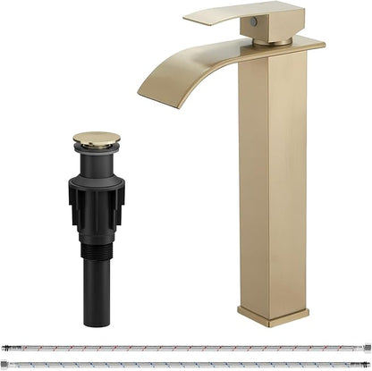 Vessel Sink Faucet Brushed Gold Waterfall Bathroom Faucet with Pop Up Drain | Stainless Steel,Single Handle One Hole Deck Mount,Bowl Vanity Sink Faucet,with 3/8" Supply Hose,Lead-Free by Bathfinesse