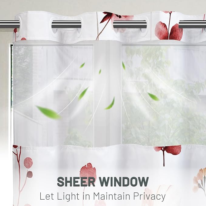 No Hook Floral Shower Curtain with Liner, Red, 71x74 | Snap in Liner, 3 in 1, Water Repellent, Easy Install, Machine Washable, Hotel Style for Bathroom, Watercolor Pattern
