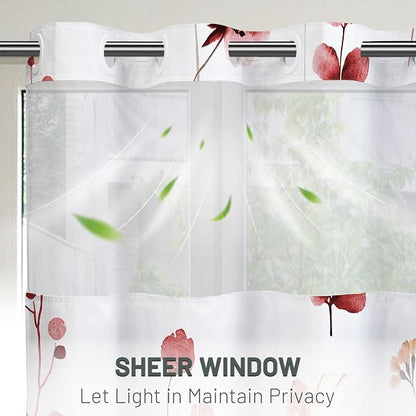 No Hook Floral Shower Curtain with Liner, Red, 71x74 | Snap in Liner, 3 in 1, Water Repellent, Easy Install, Machine Washable, Hotel Style for Bathroom, Watercolor Pattern
