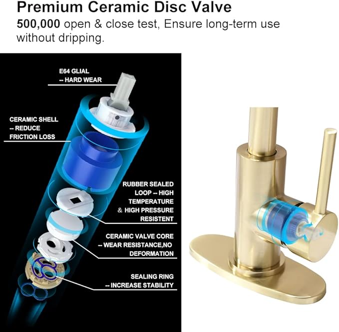 Single Handle Bathroom Sink Faucet 360° Swivel Spout Vanity Faucets with Deck Plate 4 Inch Centerset Gold Bathroom Faucets Brushed Gold Restroom Lavatory Faucet Durable & Safety