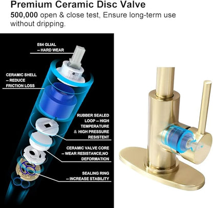 Single Handle Bathroom Sink Faucet 360° Swivel Spout Vanity Faucets with Deck Plate 4 Inch Centerset Gold Bathroom Faucets Brushed Gold Restroom Lavatory Faucet Durable & Safety
