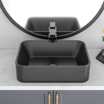 Black Bathroom Sink 19"x15" Vessel Sink Rectangule Bowl Sinks for Bathrooms Ceramic Above Counter Rectangular Vessel Bathroom Sink Porcelain Modern Large Sink Basin Lavatory Vanity Matte Black
