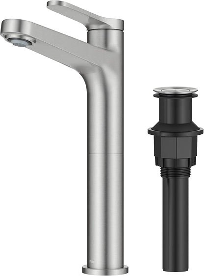 KRAUS Indy Bathroom Faucet for Vessel Sink in Spot-Free Brushed Nickel with Single Handle, Pop Up Drain and Supply Lines, KVF-1410SFBN