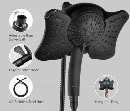 GRICH Shower Head with Handheld Spray - Dual High Pressure Showerhead | Rainfall Shower Heads Combo, Detachable Hand Shower, 9 Spray Settings, 60" Stainless Steel Shower Hose, 2.5GPM, Black