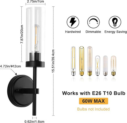 WILON Bathroom Wall Sconces Vanity Light Fixtures, Black, 2 pcs | Clear Glass Shade, 60W MAX, Modern Farmhouse Style for Vanity Mirror Bedroom Bedside Hallway Corridor Stairs bathroom