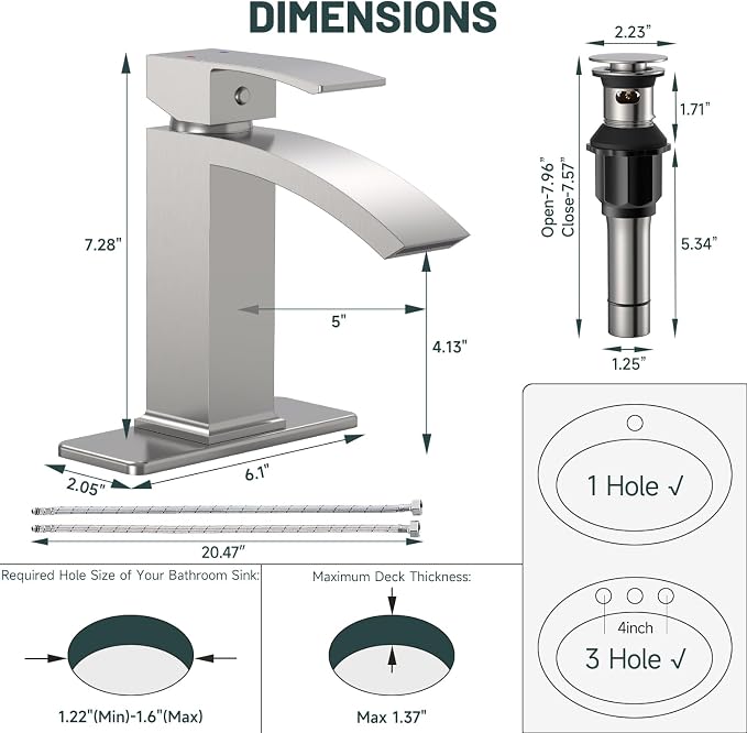 Brushed Nickel Waterfall Bathroom Faucets for 1 or 3 Holes, Brass | Brass Single Handle Bathroom Sink Faucet for Lavatory Commercial Vanity Basin Taps with Deck Plate Pop Up Drain & Supply Line