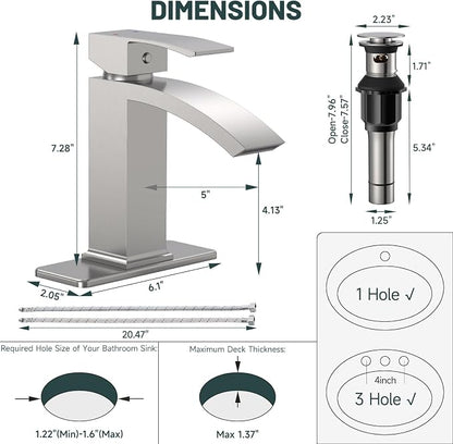 Brushed Nickel Waterfall Bathroom Faucets for 1 or 3 Holes, Brass | Brass Single Handle Bathroom Sink Faucet for Lavatory Commercial Vanity Basin Taps with Deck Plate Pop Up Drain & Supply Line