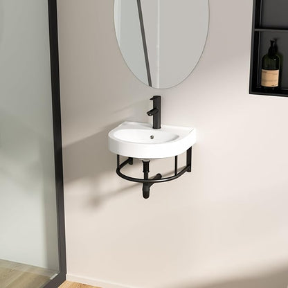 Logmey 16 Inch Wall Mount Bathroom Sink 16"x14" Floating Sink White Porcelain Ceramic Wall Hung Vessel Sink Wash Hand Basin with Bracket