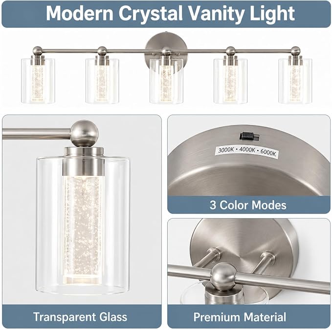 Brushed Nickel Vanity Light with 3 Color Modes, Eye Protection LED Bathroom Light Fixtures, Dimmable Modern Wall Light Over Mirror with Clear Glass Shade (Brushed Nickel, 5-Light)