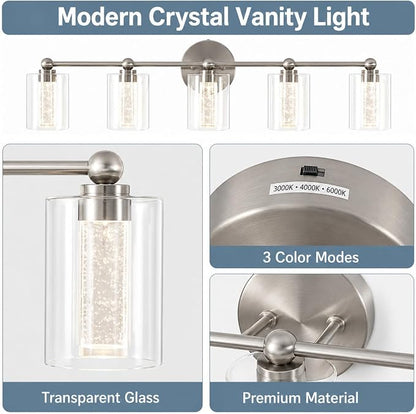 Brushed Nickel Vanity Light with 3 Color Modes, Eye Protection LED Bathroom Light Fixtures, Dimmable Modern Wall Light Over Mirror with Clear Glass Shade (Brushed Nickel, 5-Light)