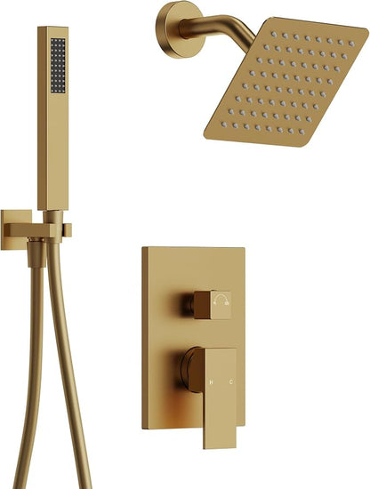 Wall Mount Shower System with Handheld Shower, Brushed Gold | 6-inch rain head, pressure-balanced brass valve, 2-function control and included 59-inch hose