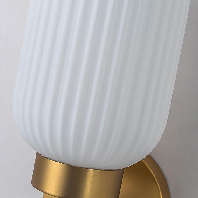 Gold Bathroom Wall Sconce, 1-Light Single Bathroom Vanity Light, Modern Brass Wall Sconce with Frosted Milk White Striped Glass Shade for Bedroom Hallway Entrance | Frosted Milk White Striped Glass Shade, Milk Glass Vanity Light for Bedroom Hallway Ent...