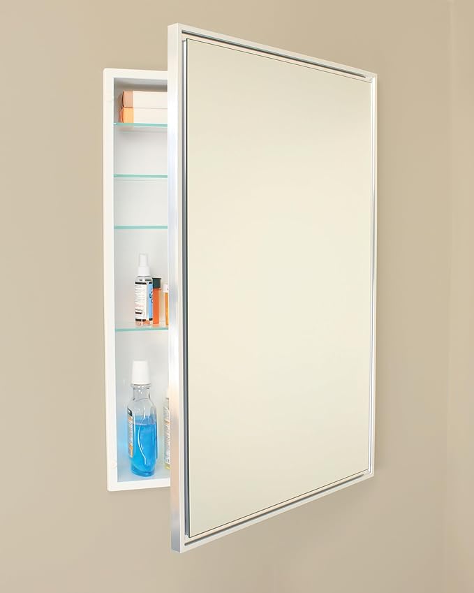 Fox Hollow Furnishings 20x30 Parker Metro Metal Framed Rectangle Recessed Bathroom Medicine Cabinet, Floating Mirror, 14x24 in-Wall Opening, Steel, Adjustable Glass Shelves, Magnet Close, Chrome