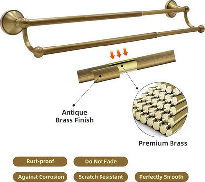 4 Piece Antique Brass Bathroom Accessories Set - 16"-27.7" Solid Brass Towel Rack, Double Vintage Towel Bar - Wall Mounted Antique Gold Bathroom Hardware