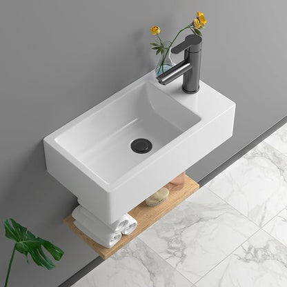 Small Bathroom Sink - 18"x10" Wall Mount Rectangular Ceramic Vessel Sink White Porcelain Floating Vanity Sink for Tiny Bathrooms with Faucet & Drain Combo (Right Hand Bowl Options)