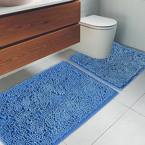 Bathroom Rugs Chenille Bath mat 2 Piece Set, Super Absorbent, Strong PVC Non Slip Backing, Bath mats for Bathroom, Plush Shaggy, Thick, Machine Washable, Bathtub, Toilet.(Snow Cyan)
