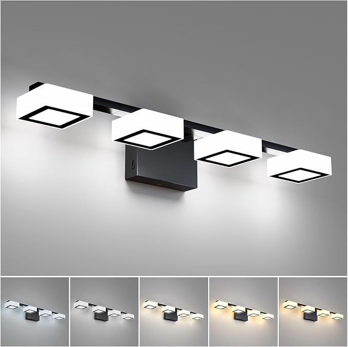LED Modern Bathroom Light Fixtures, 4-Light Dimmable Vanity Lights with 5 Color Modes, Matte Black Acrylic Bathroom Wall Lighting Fixtures Over Mirror, 2700K- 6500K Adjustable, 25.5 Inch, ETL Listed