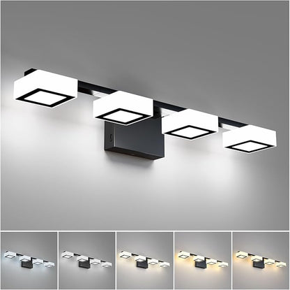 LED Modern Bathroom Light Fixtures, 4-Light Dimmable Vanity Lights with 5 Color Modes, Matte Black Acrylic Bathroom Wall Lighting Fixtures Over Mirror, 2700K- 6500K Adjustable, 25.5 Inch, ETL Listed