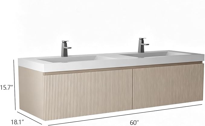 60 Inch Floating Bathroom Vanity with Double Sinks, Wall-Mounted Striped Storage Cabinet with Soft-Close Drawer, Glossy White Solid Surface Basin, Fully Assembled, Natural Oak Finish