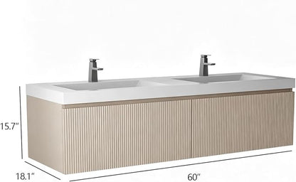 60 Inch Floating Bathroom Vanity with Double Sinks, Wall-Mounted Striped Storage Cabinet with Soft-Close Drawer, Glossy White Solid Surface Basin, Fully Assembled, Natural Oak Finish
