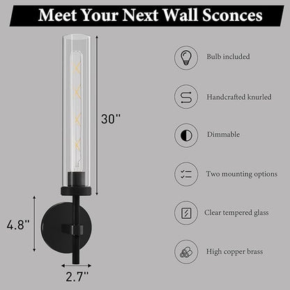 Brass Knurled Tube Wall Sconce - Set of 2 Luxury Modern Glass Sconces with Bulbs - Vertical Mounted Light Fixture - Black Dimmable Indoor Lighting for Vanity Bathroom Bedroom Living Room Hallway