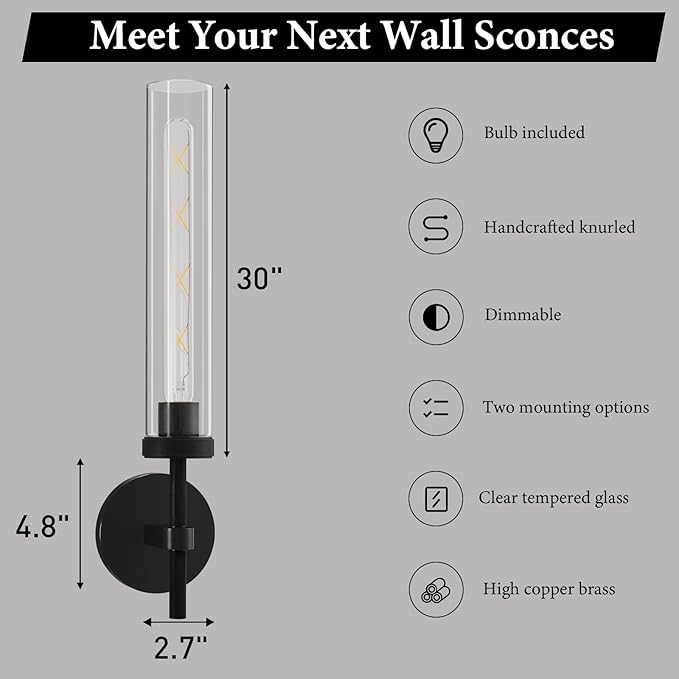 Brass Knurled Tube Wall Sconce - Luxury Modern Glass Sconces with Bulbs - Black Dimmable Indoor Lighting - Vertical Mounted Light Fixture for Vanity Mirror Bathroom Bedroom Living Room Hallway