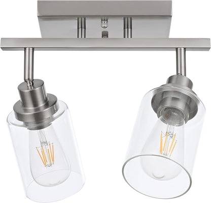 MELUCEE 2 Light Rotatable Track Lighting Kit Spotlight Semi Flush Mount Ceiling Light, Brushed Nickel Bathroom Lights Wall Scone for Hallway Porch Foyer Bath Storage, Clear Glass Shade