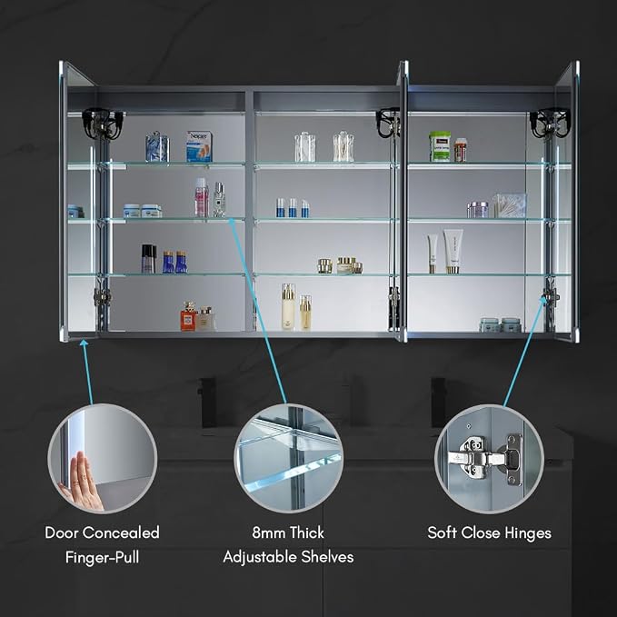 Blossom LED Mirror Medicine Cabinet with Lights, 60x32 Inch, Wall Mounted LED Lighted Bathroom Medicine Cabinet, Recessed/Surface with Defogger, Adjustable Brightness, Makeup Mirror with Lights
