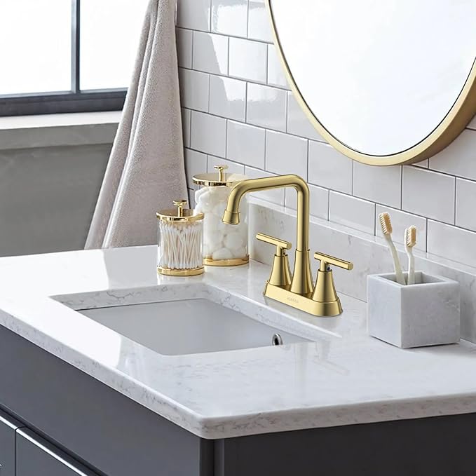 Bathroom Sink Faucet, Hurran 4 inch Brushed Gold Bathroom Faucets for Sink 3 Hole with Pop-up Drain and Supply Hoses, 360 Swivel Spout 2-Handle Centerset Faucet for Vanity RV Farmhouse