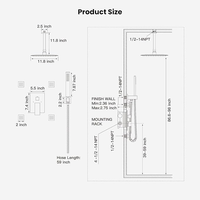 gotonovo Ceiling Shower System with 4pcs Full Body Jets,Polished Chrome | SUS304 12’’ Rain Shower Head with Handheld Spray,Brass Body Message Jets,Ceiling Mount,Rough-in Valve and Trim Kit,All Metal