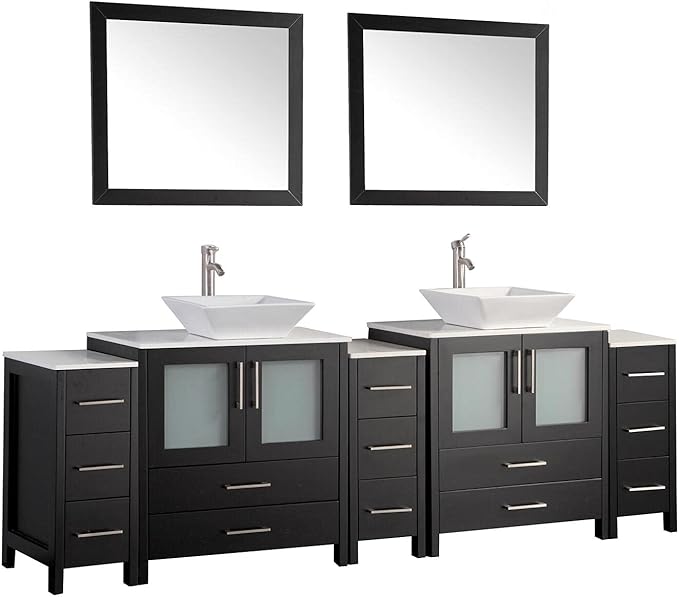 Vanity Art 96 Inch Vessel Double Sink Bathroom Vanity Cabinet with 2 Mirrors, Engineered Marble Top Bathroom Cabinet Compact Set with 13 Dovetail Drawers, Soft Closing Doors, VA3130-96-E