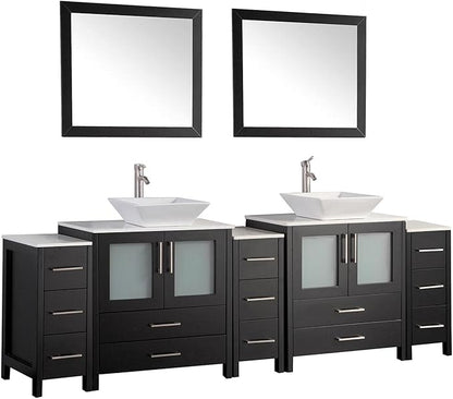 Vanity Art 96 Inch Vessel Double Sink Bathroom Vanity Cabinet with 2 Mirrors, Engineered Marble Top Bathroom Cabinet Compact Set with 13 Dovetail Drawers, Soft Closing Doors, VA3130-96-E
