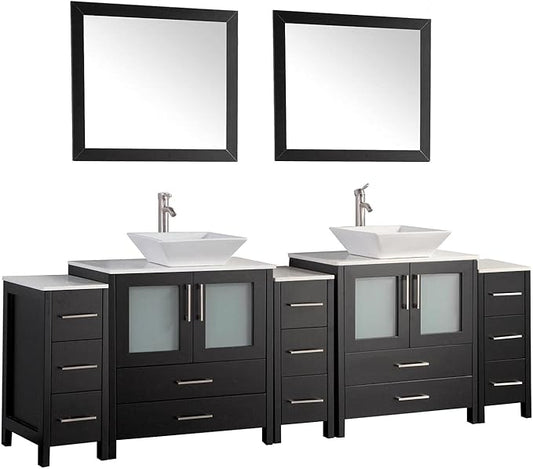 Vanity Art 96 Inch Vessel Double Sink Bathroom Vanity Cabinet with 2 Mirrors, Engineered Marble Top Bathroom Cabinet Compact Set with 13 Dovetail Drawers, Soft Closing Doors, VA3130-96-E