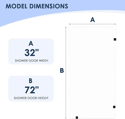32" W x 72" H Fixed Shower Glass Panel | 3/8” 10mm Frameless for Walk in Shower with Clear Tempered Glass Explosion-Proof Film for Bathroom, Matte Black