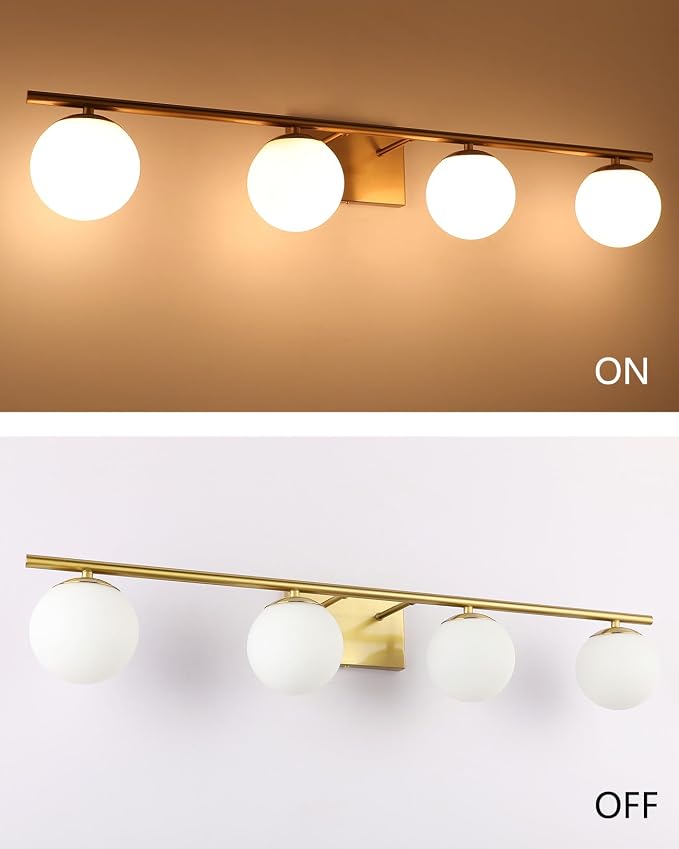 New Bathroom Vanity Light Fixtures Brushed Brass Milk White Globe Glass Shade 4 Lights Modern Wall Bar Sconce Over Mirror
