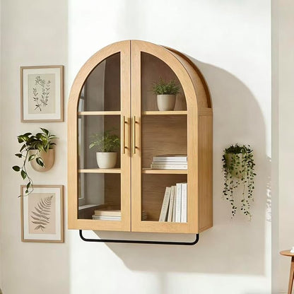 Seang Bathroom Arched Wall Cabinet,23.6" Modern Medicine Cabinet with Towel Bar and Adjustable Shelf,Over The Toilet Wall Storage Cabinet for Laundry Room,Living Room,Kitchen,Natural