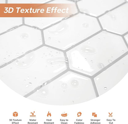 Vamos Tile Thicker Design Long Hexagon Peel and Stick Backsplash Tile | 10-Sheet Pure White with Gray Grout Self Adhesive Wall Tiles Stick On Backsplash for Kitchen Bathroom RV Fireplace