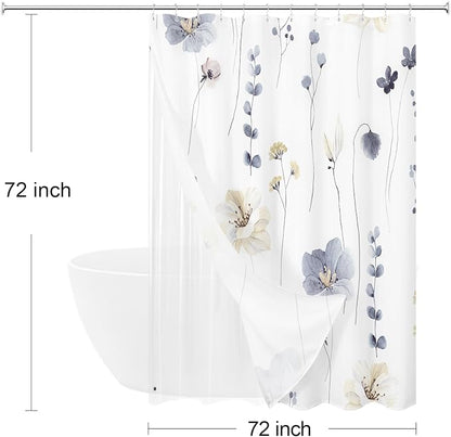 3 in 1 Grey Watercolor Floral Shower Curtain Liner Set, 72x72 | 3 in 1 Shower Curtain Set, PEVA Liner& 12 Double Sided Steel Hooks, Waterproof Fabric Bathroom Curtain