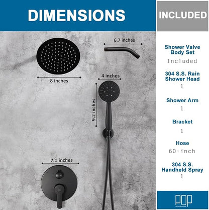 Matte Black Shower Faucet Set, 8 Inch Rainfall Shower Head and Handle Set, Bathroom Rain Shower System, Wall Mounted Shower Fixtures, Include Shower Valve and Trim Kit