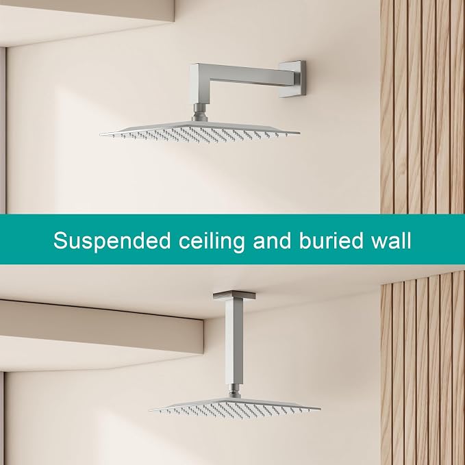 Square Rain Shower Head, High Flow Stainless Steel,Work with any decorative style，All Metal Rainfall Shower Head (Brushed Nickel, 10)